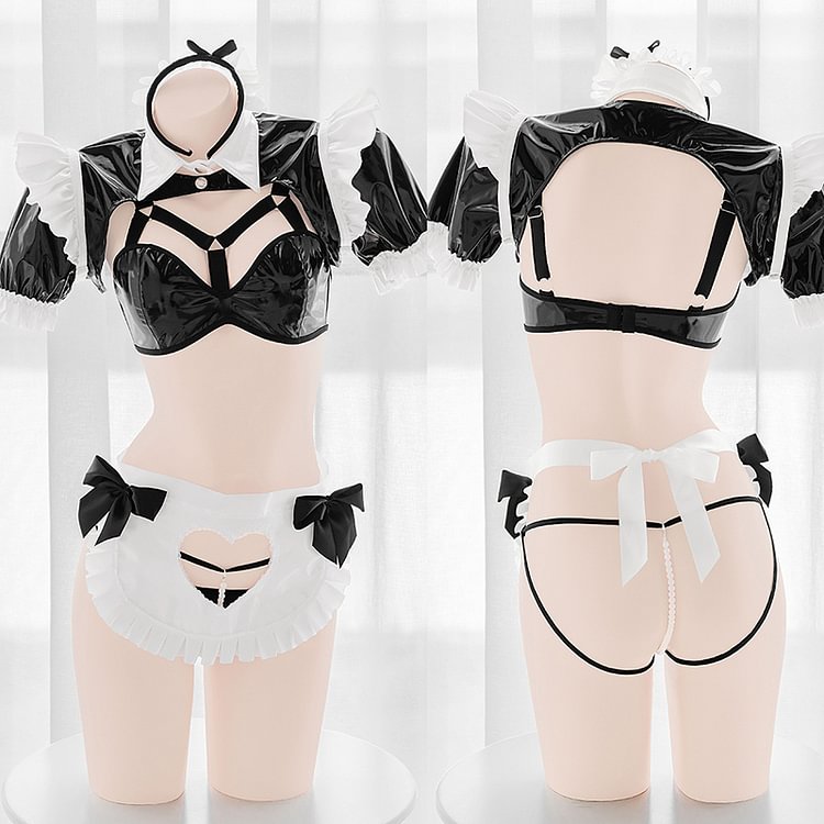 Gothic Patent Leather Hollow Bandage Backless Maid Outfit Lingerie PE108
