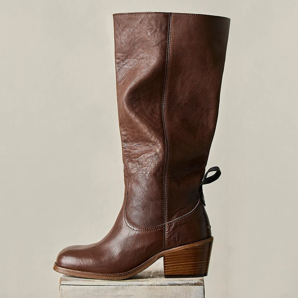 Brown Square Toe Chunky Heel Pull-On Knee High Wide Calf Boots