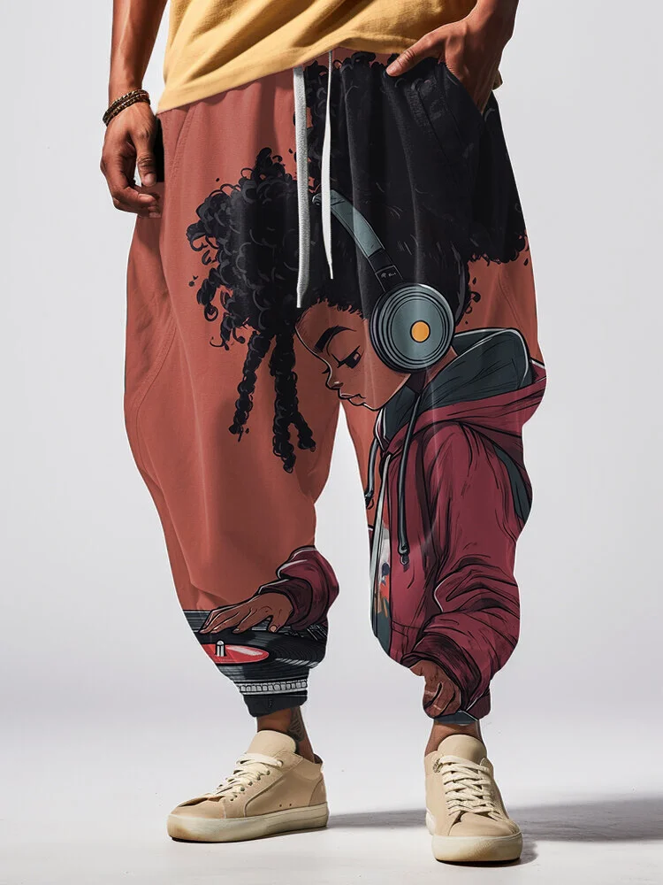 Men's Afro Music Lover Art Print Loose Drawstring Waist Sweatpants