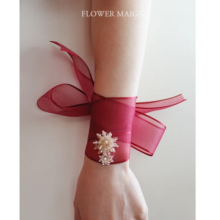 /Wine red ribbon wrist flower/wedding tie beautiful retro bride and bridesmaid tattoo cover singing should help flower ribbon 花之魔法 ldooo