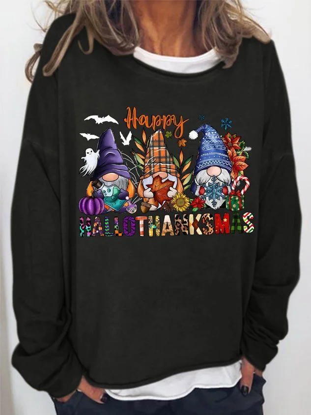 Women's Happy Hallo Thanks Mas Funny Gnome Christmas Graphic Print Casual Loose Sweatshirts socialshop