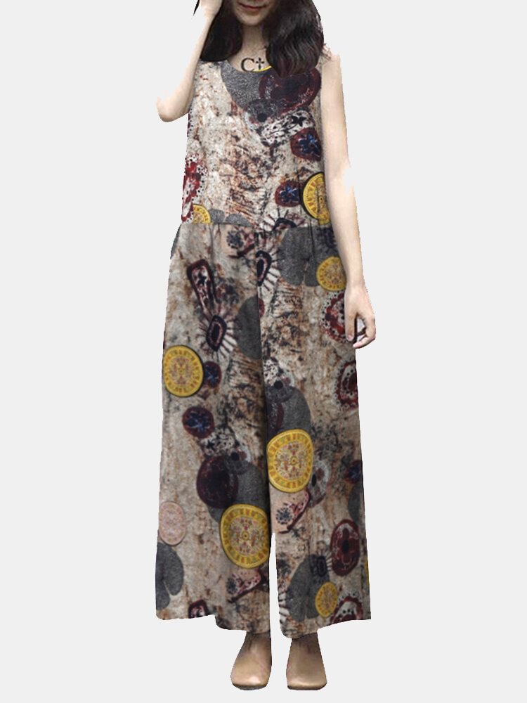 Round Print Patchwork Sleeveless Wide Leg Casual Cotton Jumpsuit