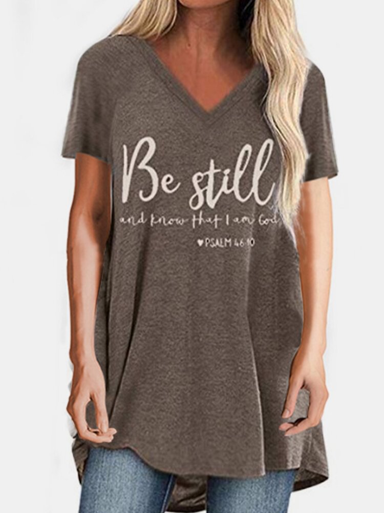 Letter Printed V neck Short Sleeve Long T shirt P1674695