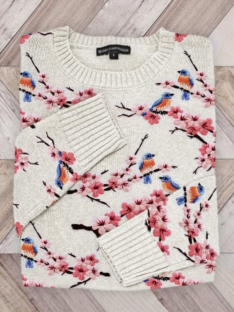 Birds on Cherry Blossom Branches Embroidered Knit Sweater