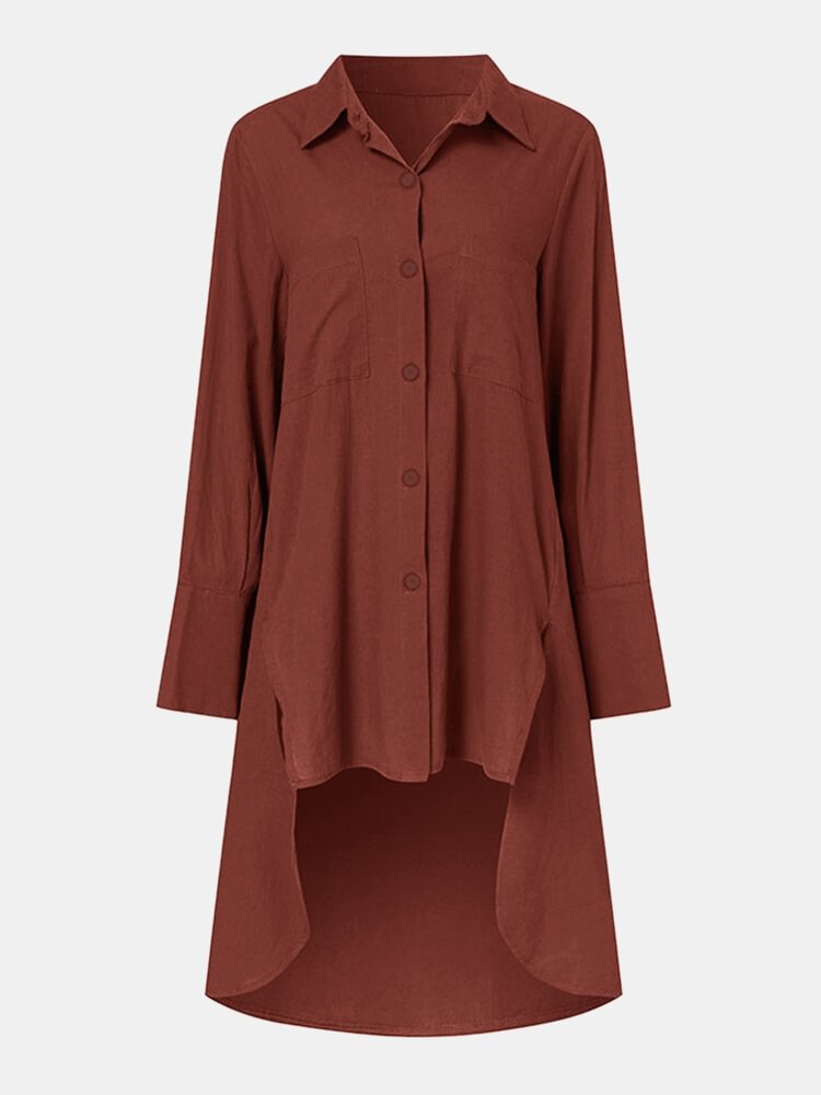 Solid Color Lapel Button Long Sleeve High Low Hem Long Blouse For Women P1771957