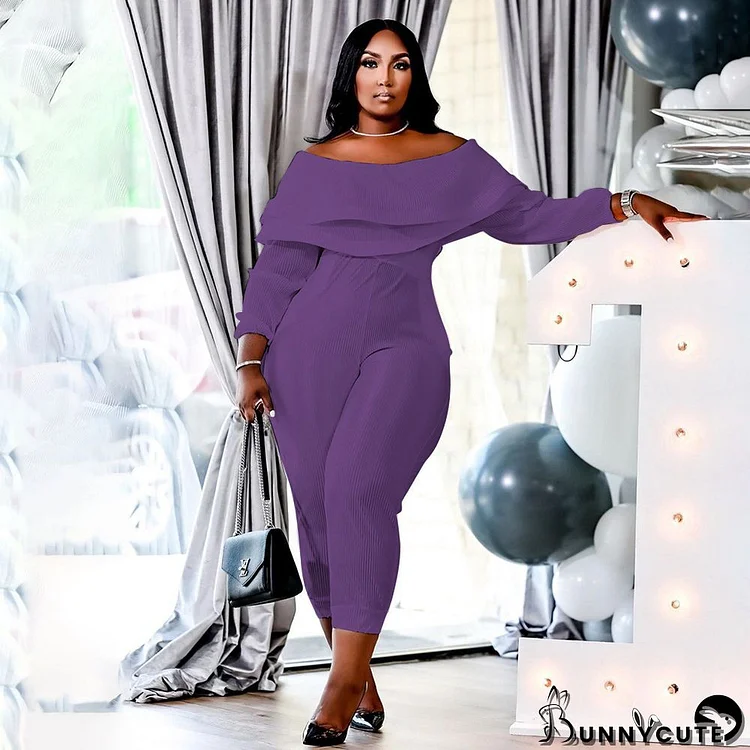 Women's Plus Size Loose Ruffle Off Shoulder Ribbed Jumpsuit