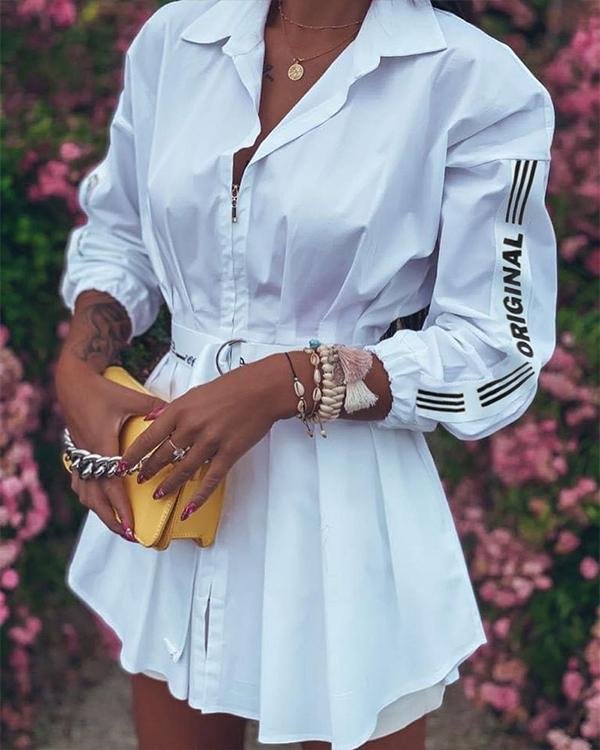 irregular long sleeve zipper patchwork tight waist belt pleated shirt dress p413313