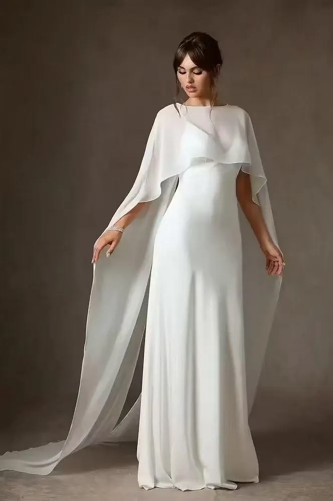 Charming White V-Neck Sleeveless Spaghetti Straps Backless Long Prom Dress With Cape | ZJ0096 Wellcucu