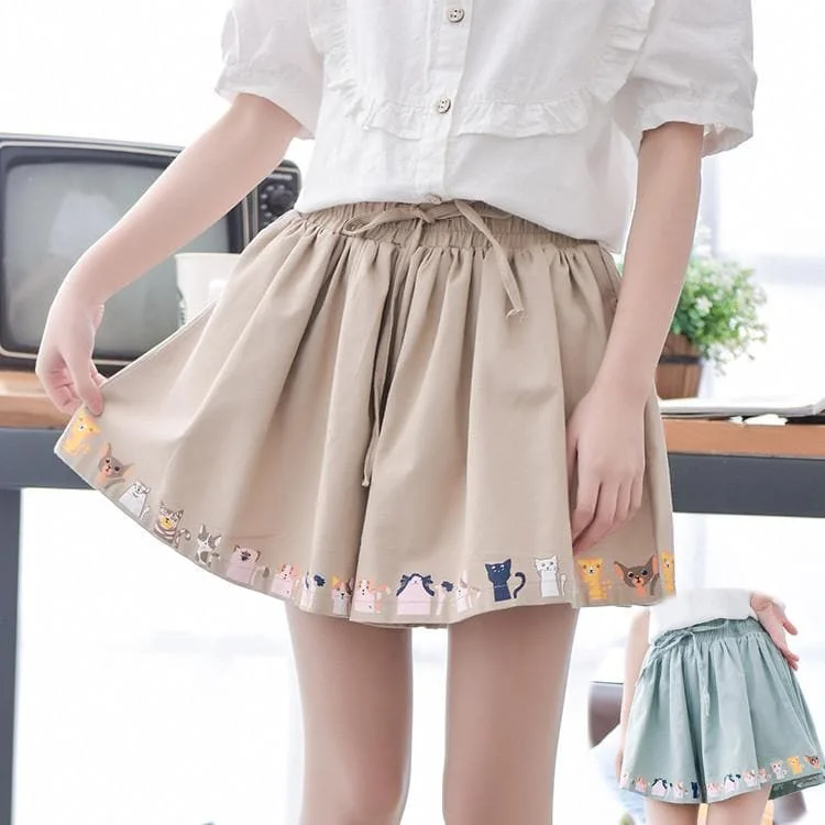 Khaki/Green Kitty Cat Pattern Leisure Shorts SP167215