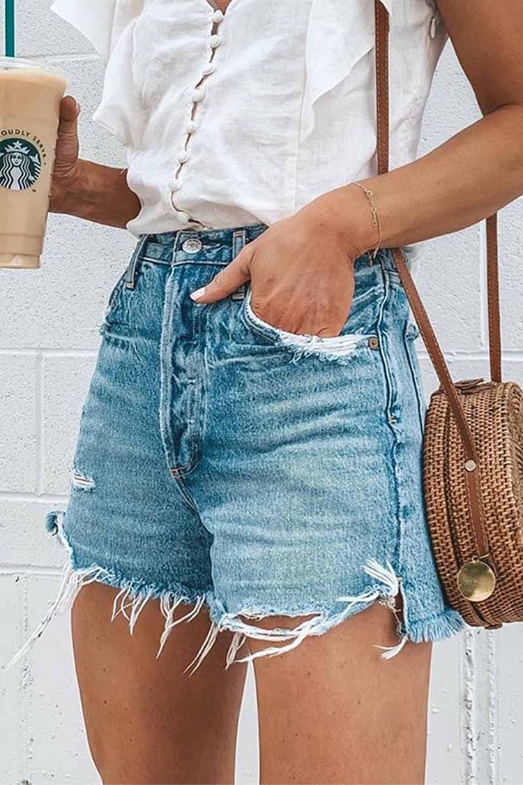 Summer Loose Button Ripped Fringed Denim Shorts