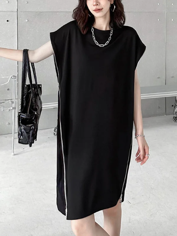 Loose Short Sleeves Asymmetric Zipper Round-Neck Dresses Midi Dresses