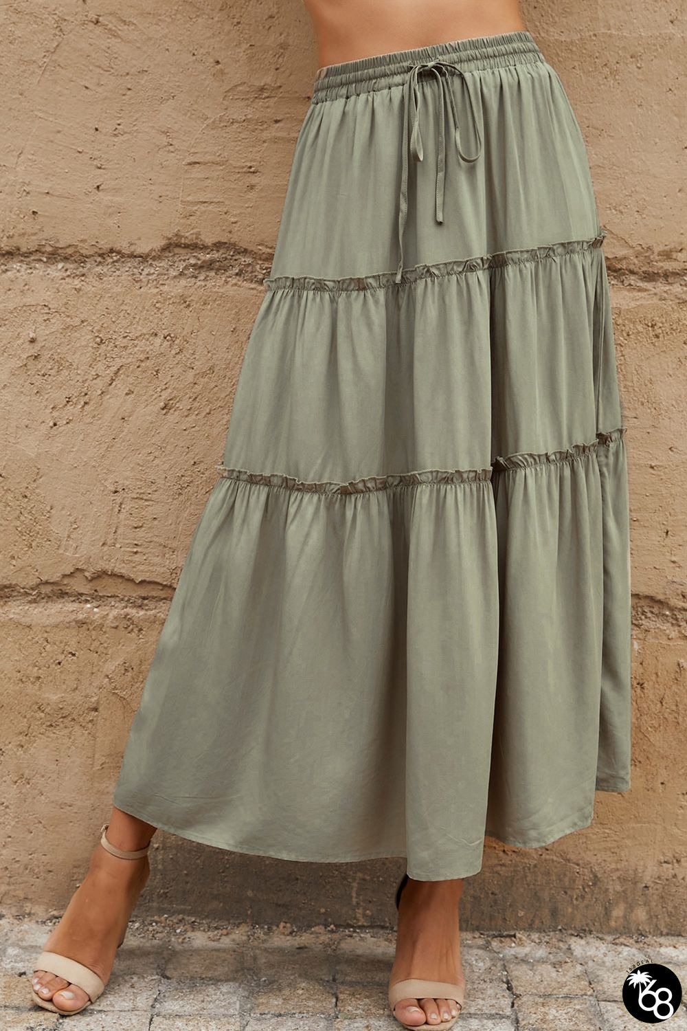 Solid Layered Ruffled Drawstring High Waist Maxi Skirt | 168DEAL