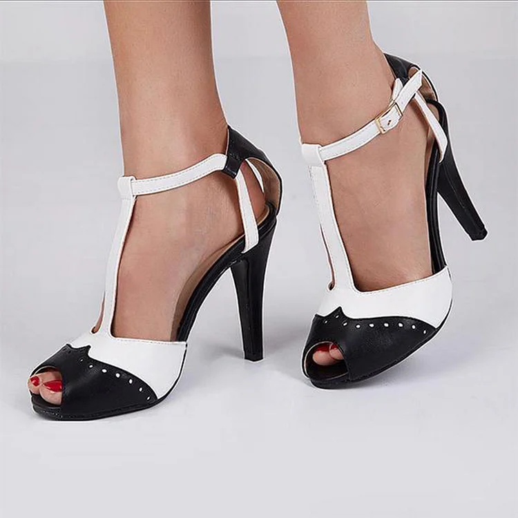 Black & White Peep Toe Pumps Women's Stiletto Heel T Strap Shoes |FSJ Shoes