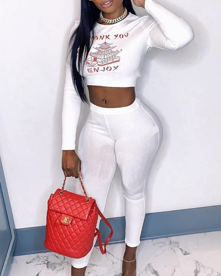Letter & Graphic Print Crop Top & Pants Set - Shop Trendy Women's Clothing | LoverChic