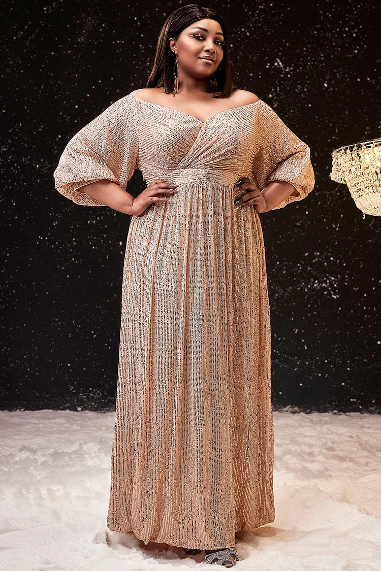 Plus Size Formal Dress Apricot Off The Shoulder Puff Sleeve Sequin Maxi Dress [Pre-Order]