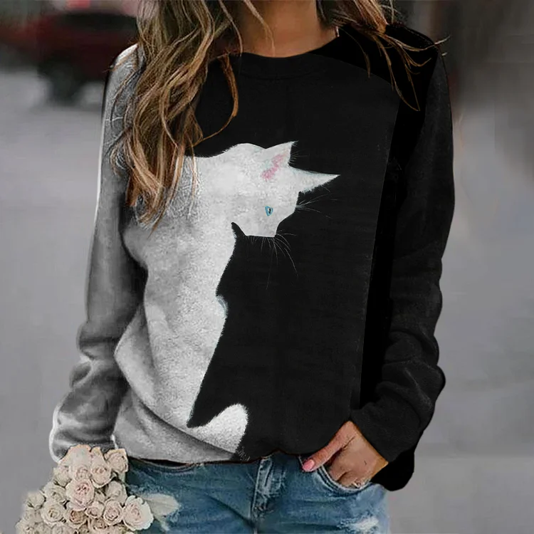 Vefave Casual Contrast Cat Print Sweatshirt