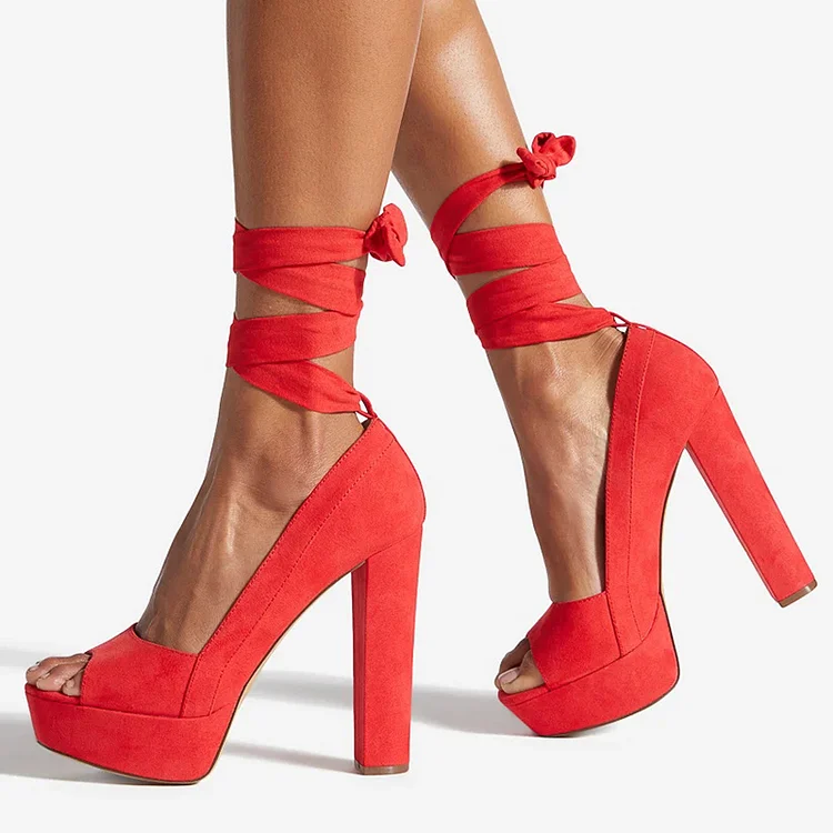 FSJ Red Platform Shoes Peep Toe Ankle Lace-Up Block Heel Pumps |FSJ Shoes