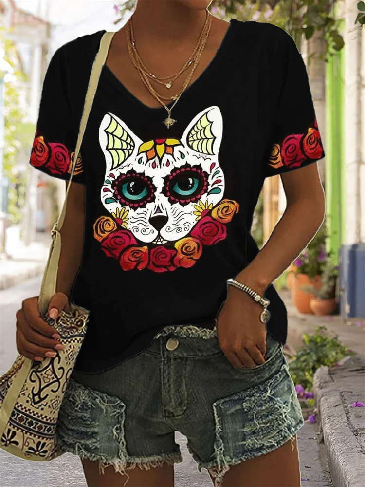 Vefave Day Of The Dead Floral Sugar Skull Cat T Shirt