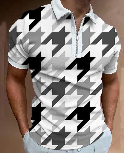 Casual Checkerboard Print Lapel Collar Zipper Short Sleeve Shirt