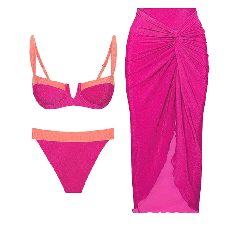 Plus Size Color Block Glitter Bikini Swimsuit and Sarong