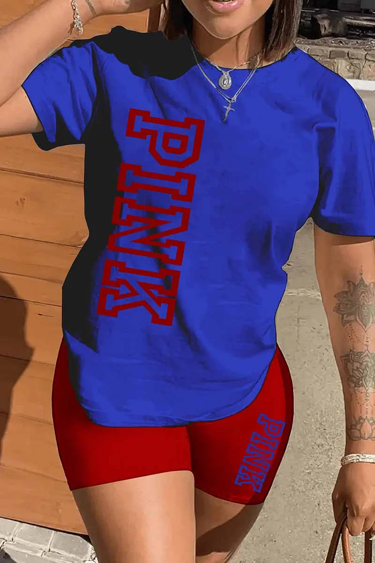 Blue Casual Print Letter O Neck Short Sleeve Two Pieces