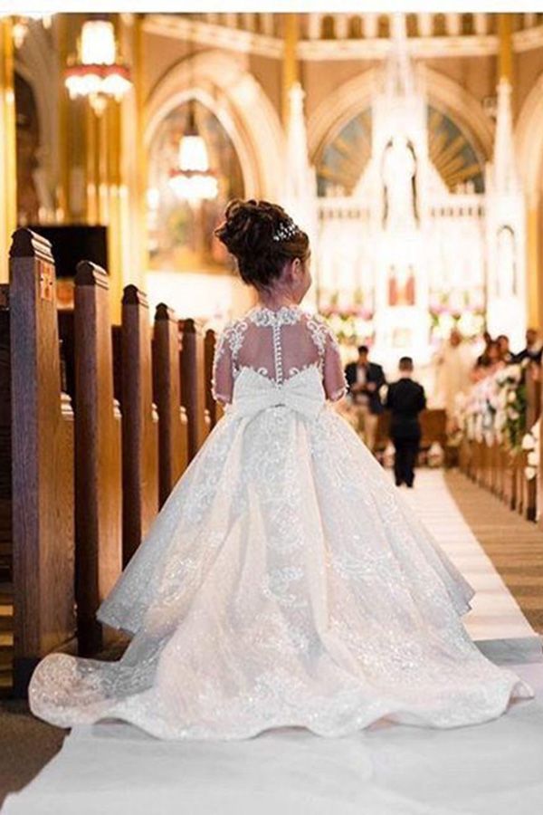 Dresseswow White Jewel Long Sleeves Ball Gown Flower Girl Dresses Tulle With Appliques Lace Bow