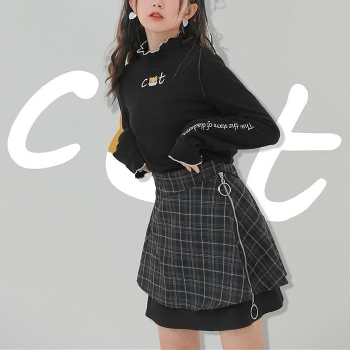 Black Kawaii Cat Long Sleeve Shirt SP14436