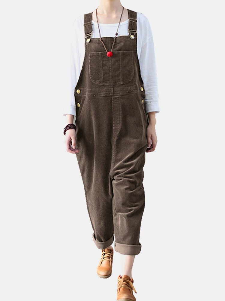 Solid Color Button Pockets Sleeveless Corduroy Jumpsuits