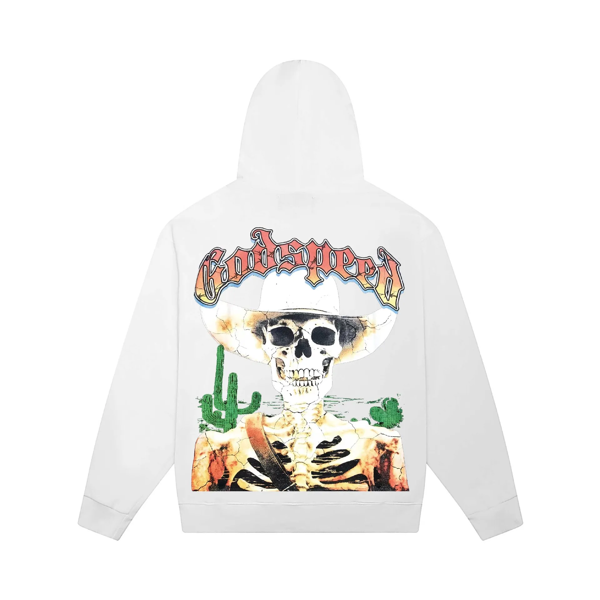 GODSPEED Hoodie White – Cowboy Skull Oversized Streetwear