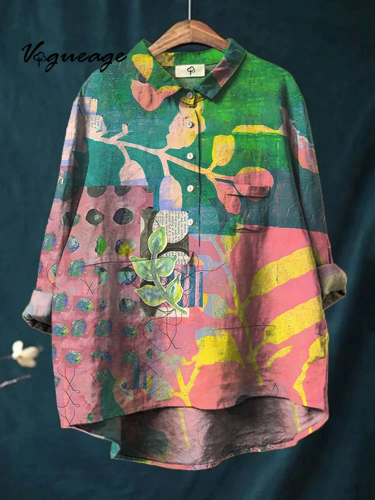 Colorful Bright Color Block Flowers Print Cotton And Linen Shirt