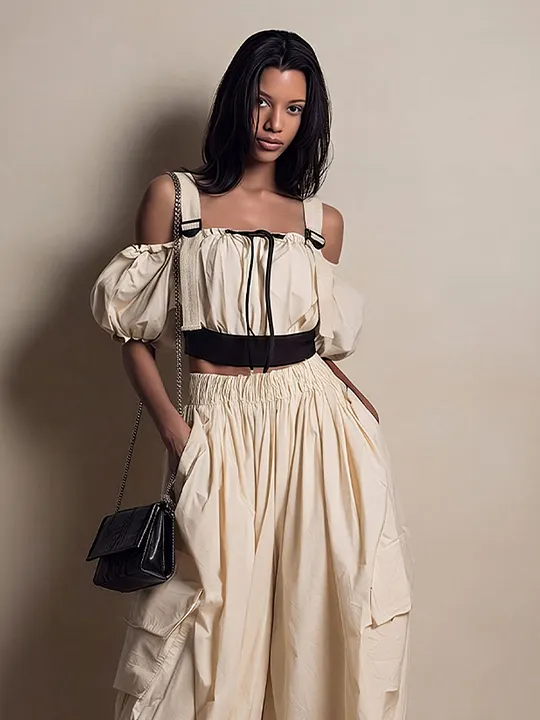 Women's Cream Cotton Off-Shoulder Crop Top With Puff Sleeves & Contrast Black Trim, Timeless Utility-Romantic Blouse MD