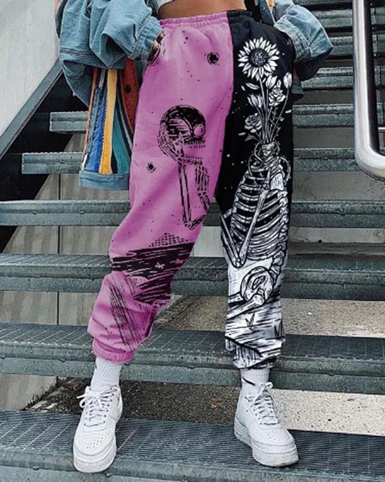 Colorblock & Floral Print Pocket Side High Waist Sports Pants For Women - Shop Trendy Women's Clothing | LoverChic