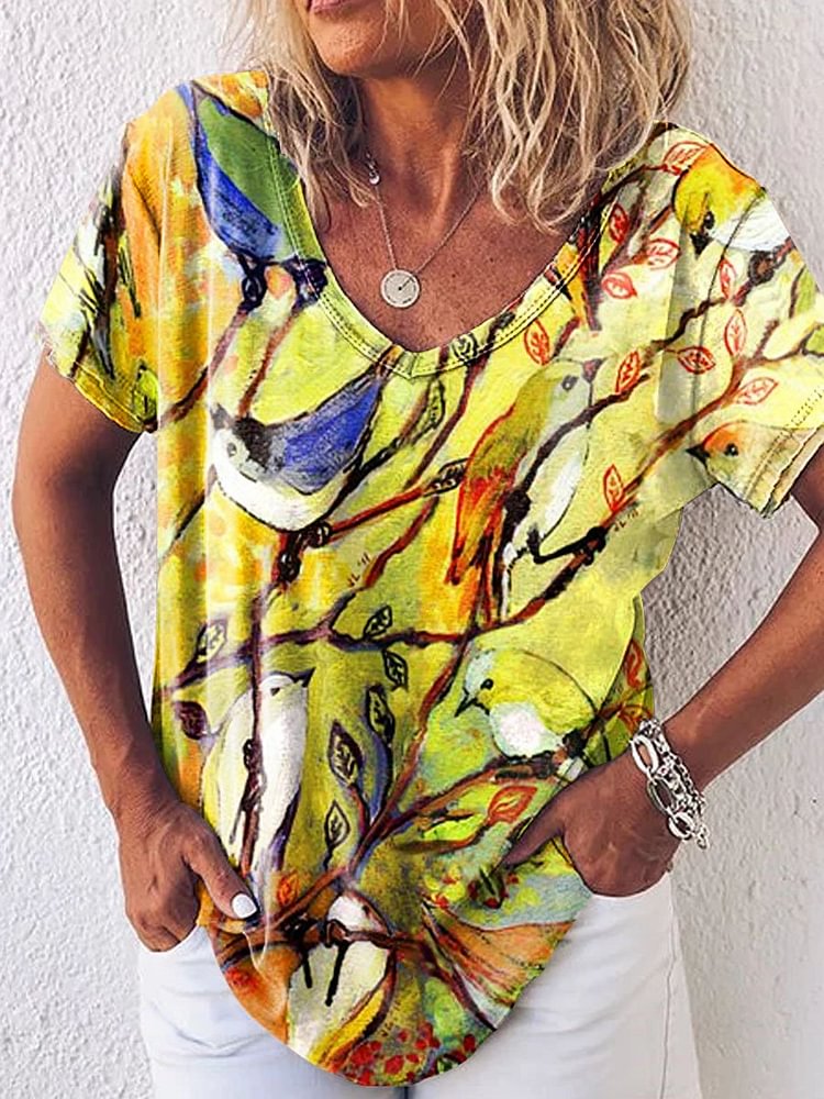 Bestdealfriday 16 Birds Print Women's Short Sleeve V Neck T-Shirt