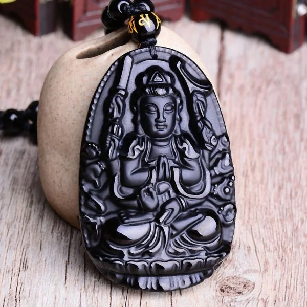 Natural Black Obsidian Chinese Zodiac Protectors Pendant Beaded Necklace
