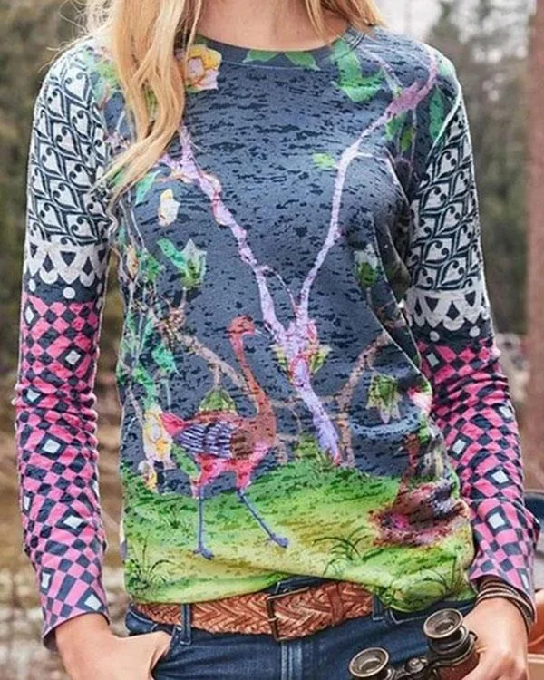 Gradient Flamingo Print Vintage Color-block T-shirt
