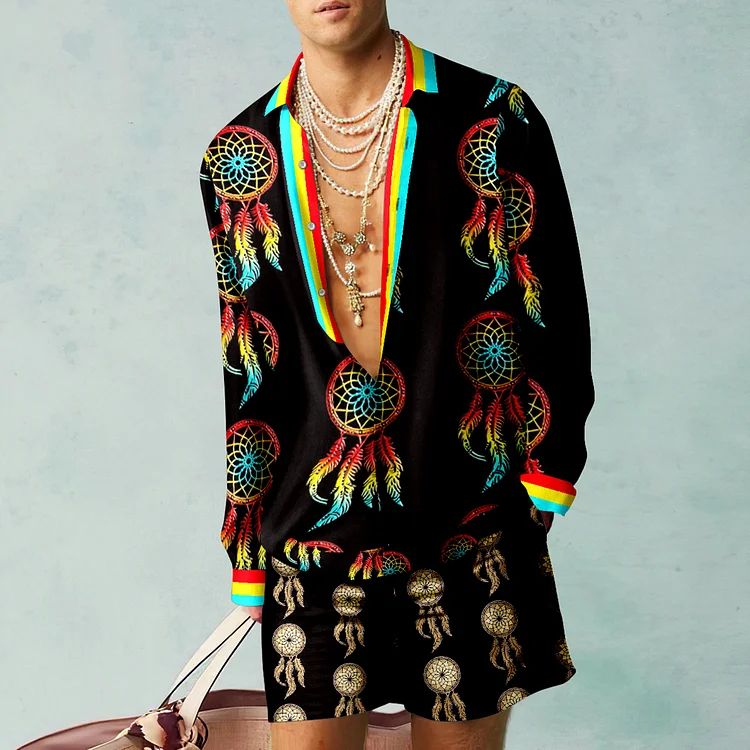 BrosWear Ethnic Wind Chime Print Shirt And Shorts Co-Ord