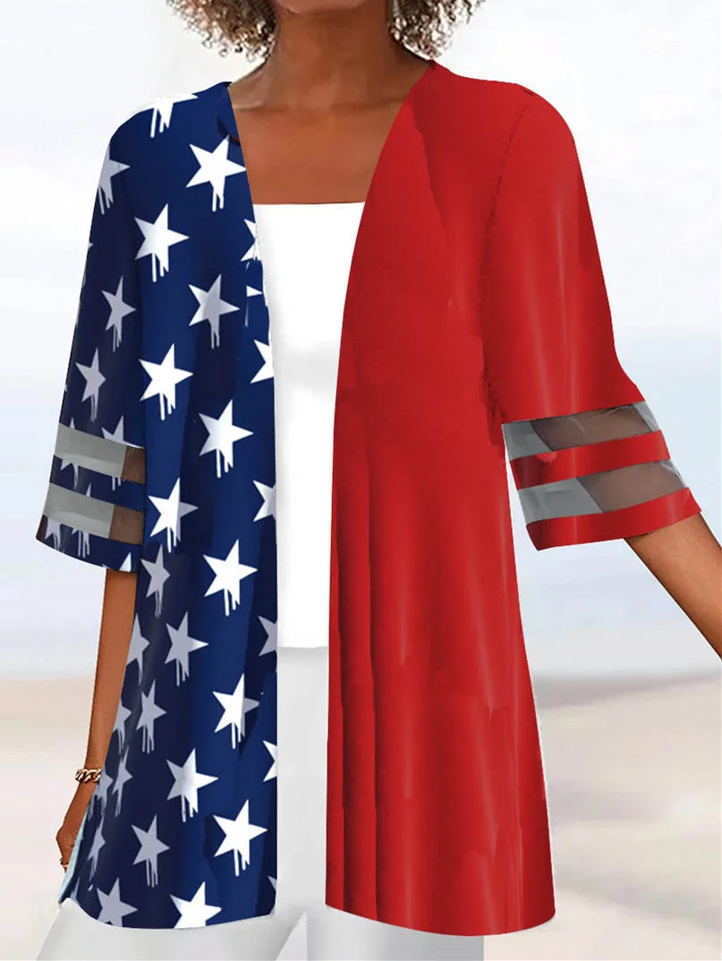 Women Half Sleeve Scoop Neck Striped Colorblock National Flag Two-Pieced Tops