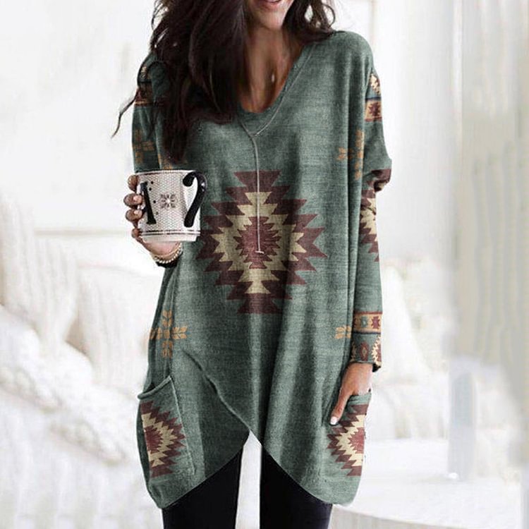 VChics Long Sleeves Western Prismatic Pockets V Neck Tunic