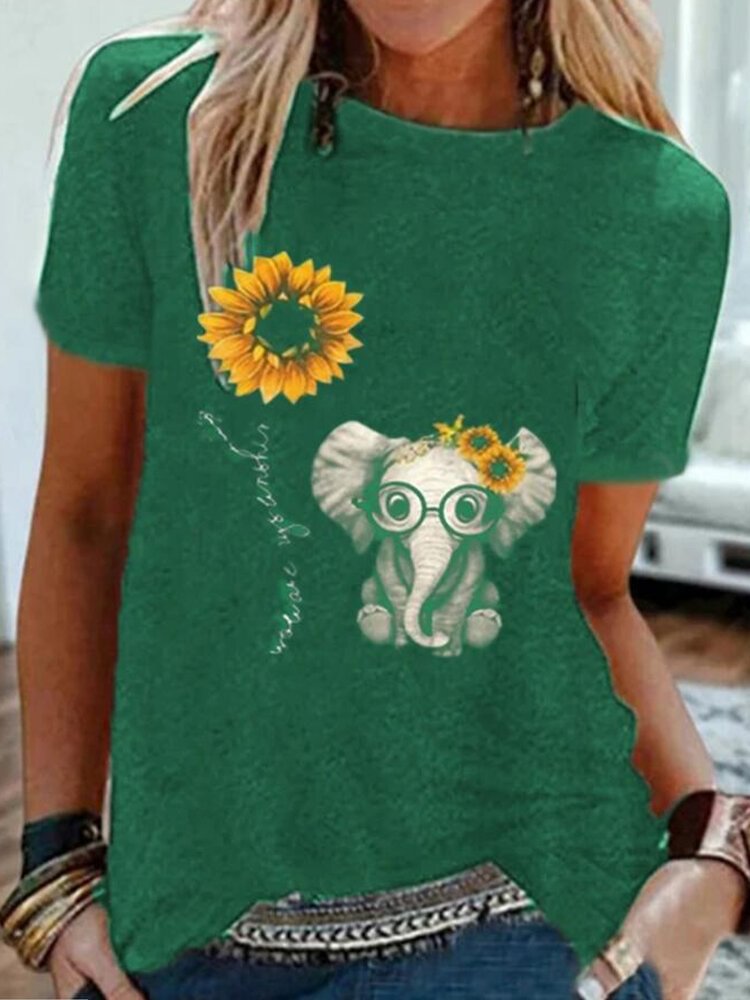 Cartoon Elephant Flower Print Short Sleeve T shirt For Women P1670464