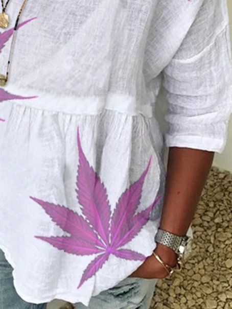 Bestdealfriday Summer White Round Neck Leaf Print Half Sleeve Top 9342940