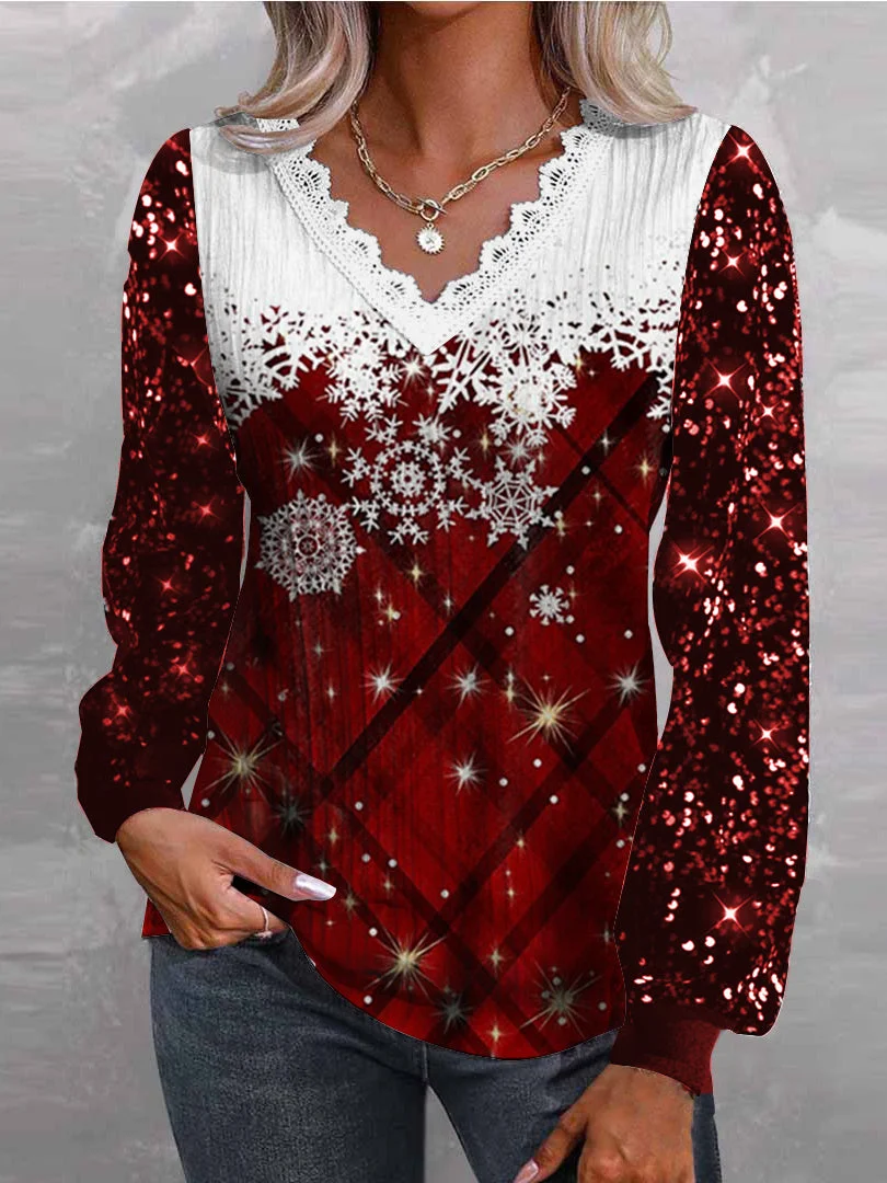 Women Long Sleeve V-neck Printed Snowflake Lace Sequins Christmas Tops