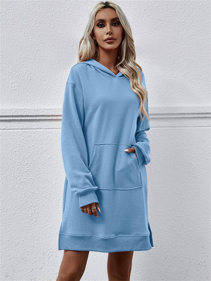 Fall and Winter New Women's Loose Waisted Hooded Long-sleeved Kangaroo Pockets Split Long Sweater Dresses-Cosfine