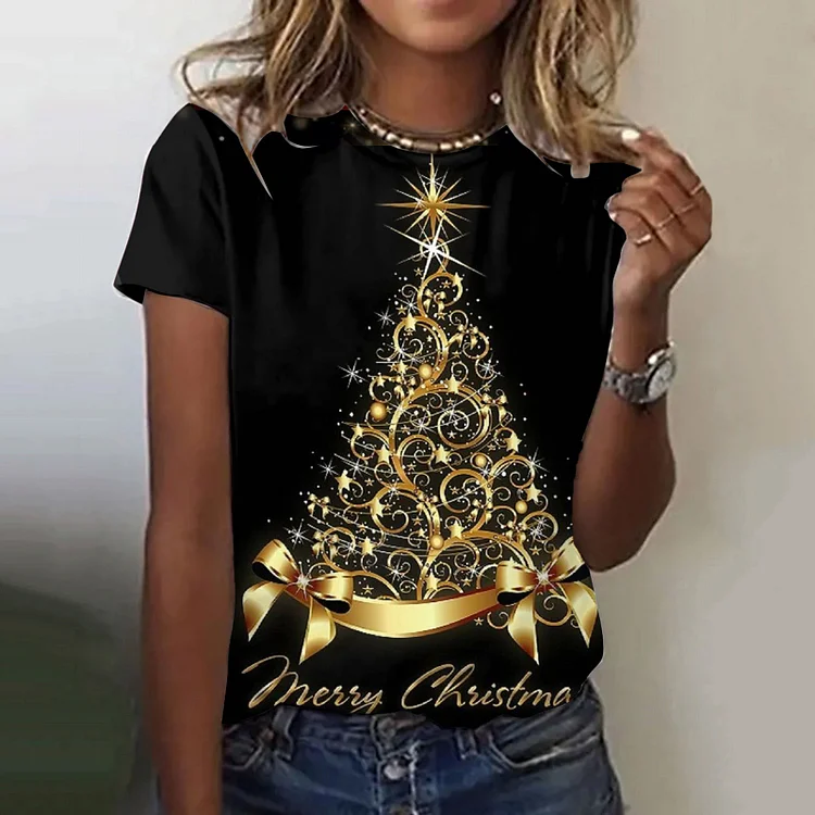 Christmas Printed Round Neck Short Sleeve T-Shirt VangoghDress