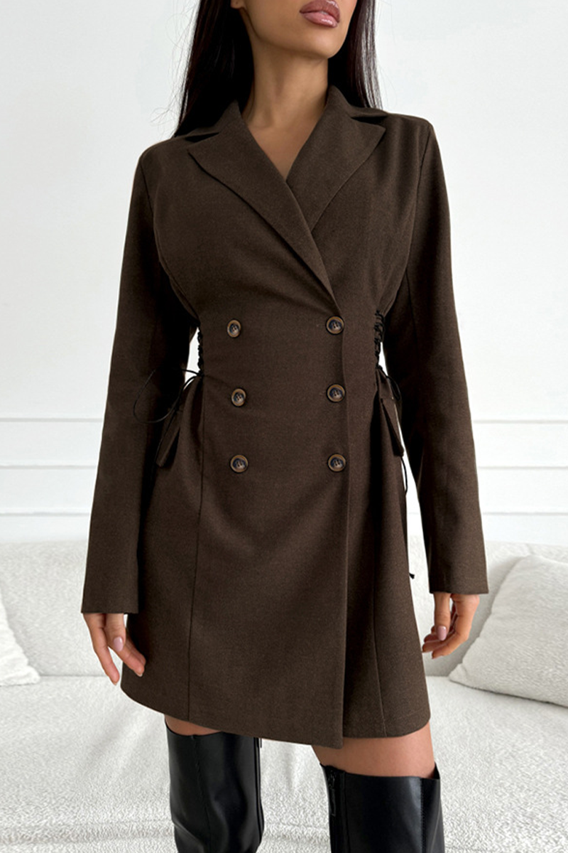 Elegant long suede-like dress with collar, tie waist, and single-button closure