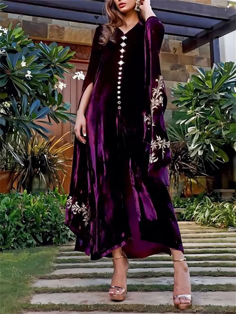 Elegant Floral V Neck Purple Velvet Midi Dress