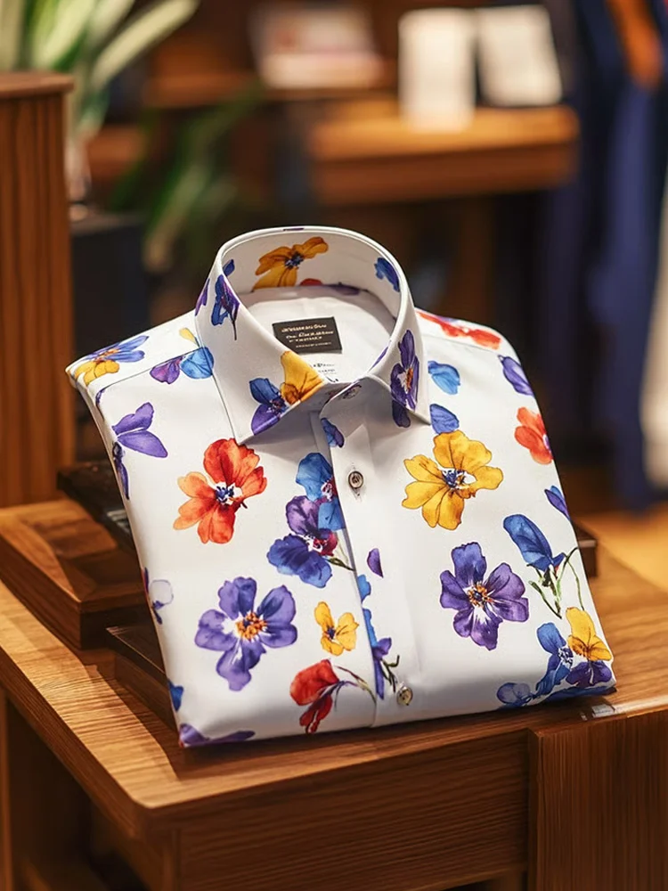 Men's Business Casual Floral Print Long Sleeve Polo Shirt