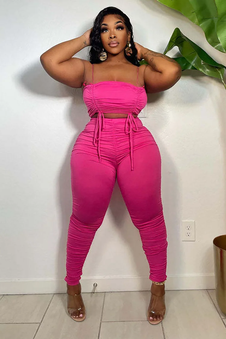 Ruched Tie Boat Neck Cami Crop Top High Waist Jogger Pants Matching Set