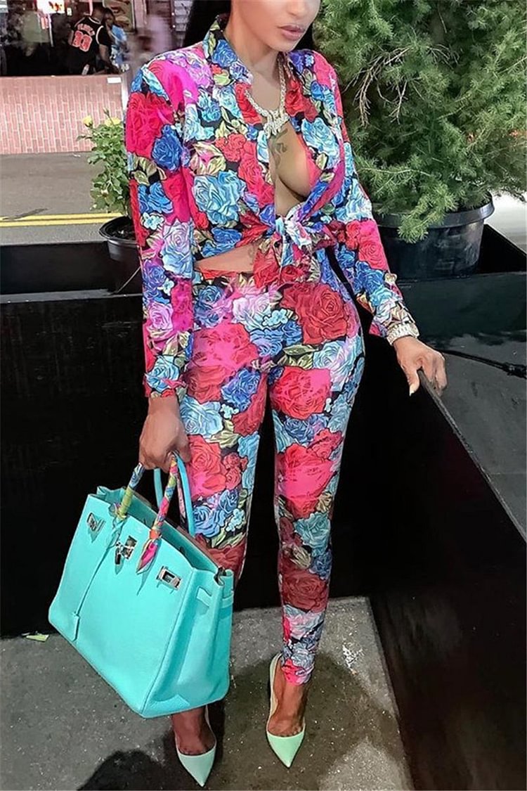 Fashion Casual Long Sleeve Turndown Collar Regular Sleeve Regular Print Two Pieces - Shop Trendy Women's Clothing | LoverChic