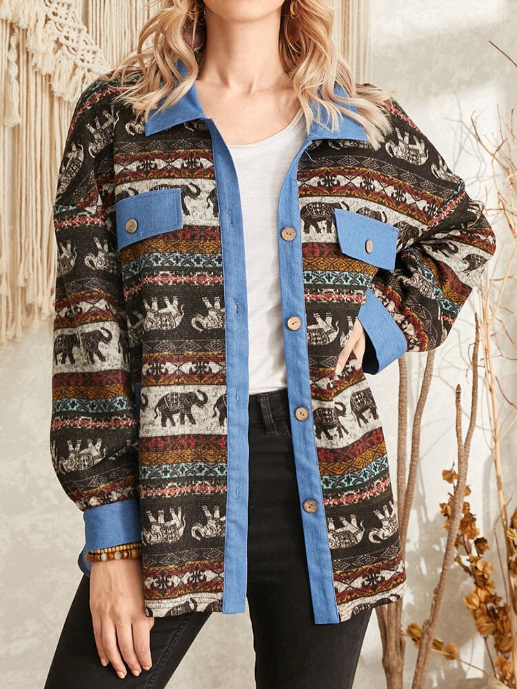 Tribal Pattern Pocket Button Long Sleeve Lapel Jacket