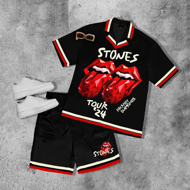 Comstylish 2024 Stones Hackney Diamond Tour Fun Contrast Lip Casual Shirt And Shorts Co-Ord
